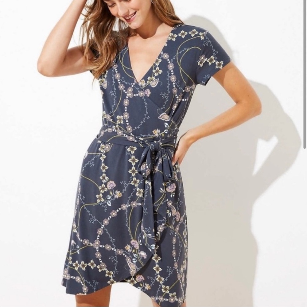 LOFT DarK grey floral wrap dress